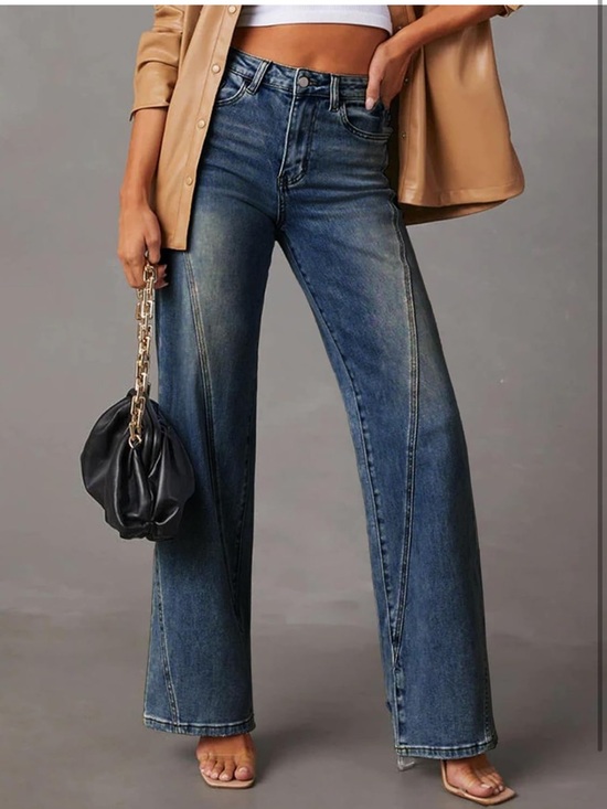 Jokelamb Women’s Wide Leg Mid High Waisted Baggy Straight Leg Stretchy Jeans - Picture 5 of 5